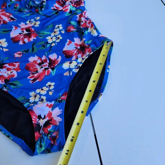 Ralph Lauren One Piece Swimsuit Off Shoulder Floral Blue Pink Print Sz 12 - Picture 13 of 16